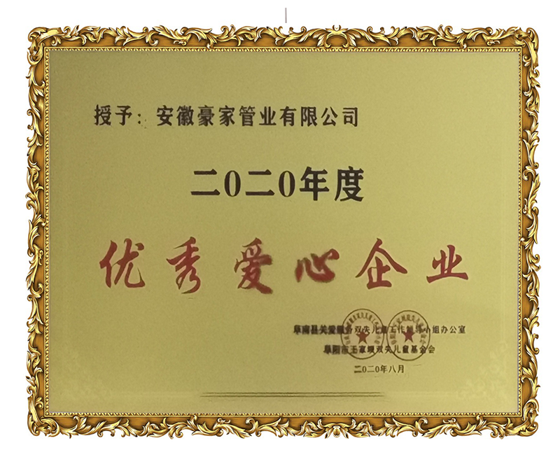 安徽豪家管業(yè)有限公司《2020年度優(yōu)秀愛(ài)心企業(yè)》榮譽(yù)牌匾